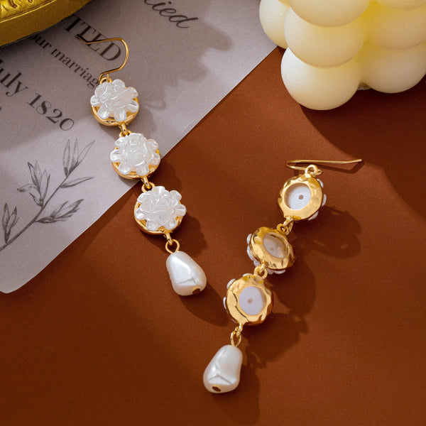 Carved Floral & Faux Pearl Linear Drop Earrings |  80E63366