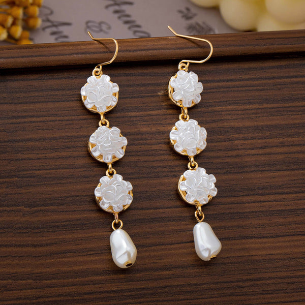 Carved Floral & Faux Pearl Linear Drop Earrings |  80E63366