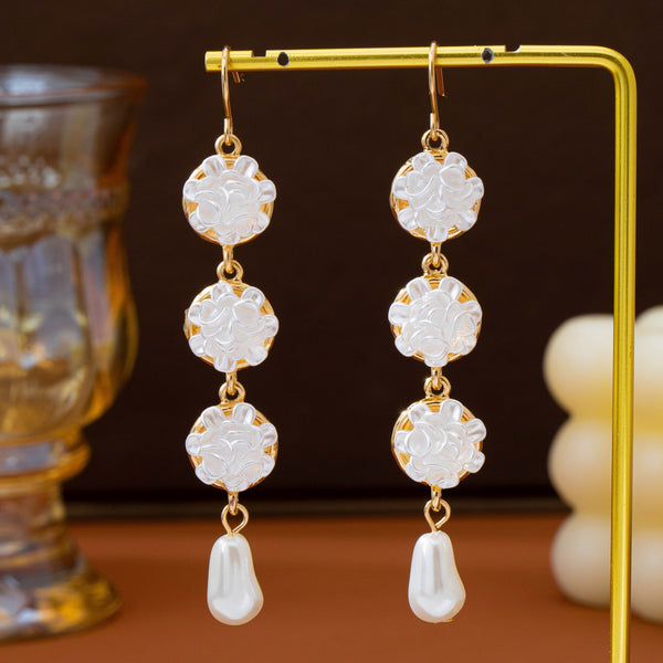 Carved Floral & Faux Pearl Linear Drop Earrings |  80E63366