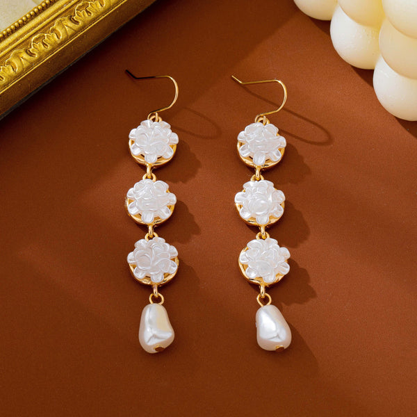 Carved Floral & Faux Pearl Linear Drop Earrings |  80E63366