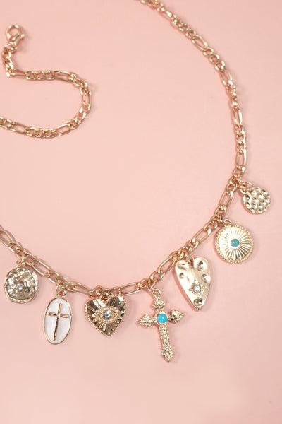 CHARM NECKLACE-MULTI CROSS HEART DISC CHARMS | 80N1194