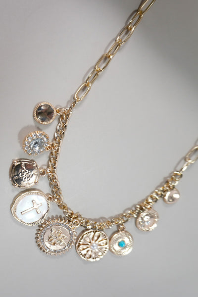 CHARM NECKLACE-CROSS RHINESTONE FLOWER BEE DISC | 80N1204