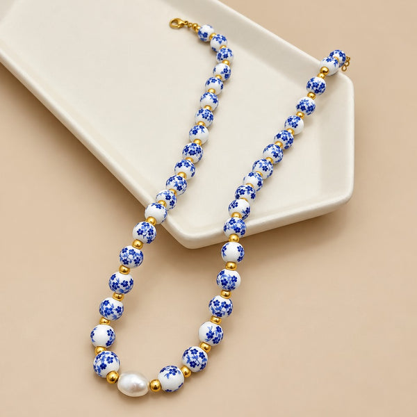 Blue Ceramic Floral Bead & Baroque Pearl Necklace | 40NK9806