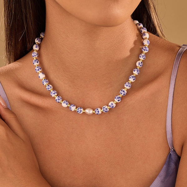 Blue Ceramic Floral Bead & Baroque Pearl Necklace | 40NK9806