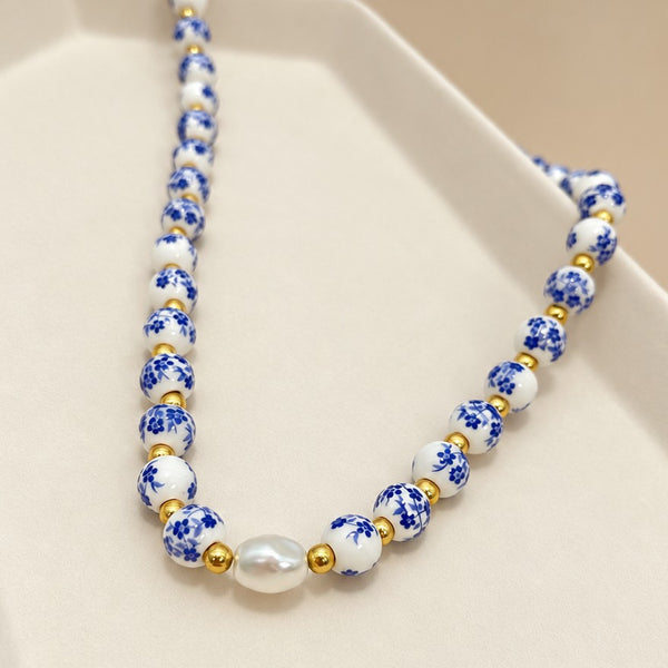 Blue Ceramic Floral Bead & Baroque Pearl Necklace | 40NK9806