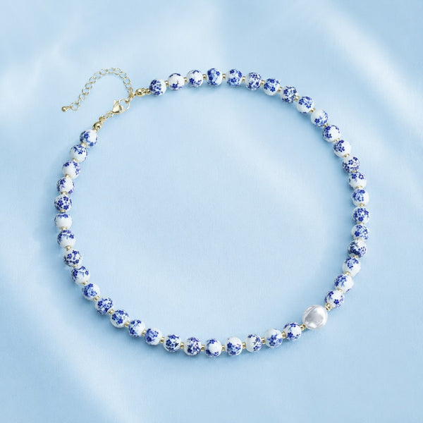 Blue Ceramic Floral Bead & Baroque Pearl Necklace | 40NK9806