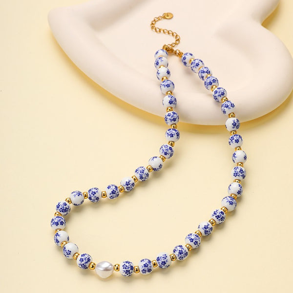 Blue Ceramic Floral Bead & Baroque Pearl Necklace | 40NK9806