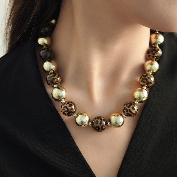 LEOPARD & GOLD CHUNKY BALL BEADED NECKLACE | 40NK9805