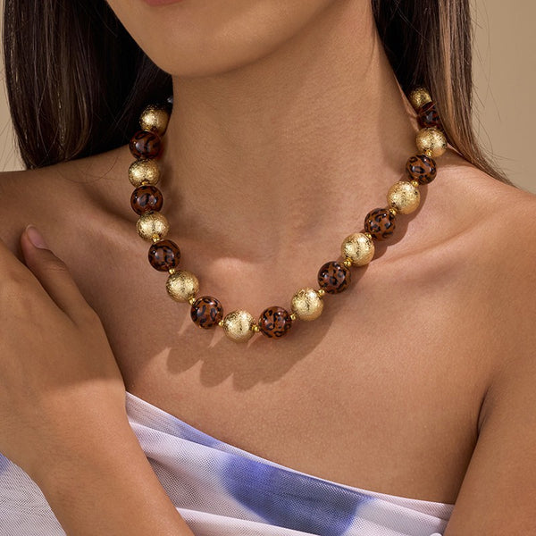 LEOPARD & GOLD CHUNKY BALL BEADED NECKLACE | 40NK9805