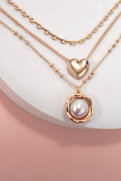 HEART ORGANIC PEARL CHARM LAYERED NECKLACE | 80N1233