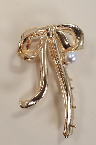 XTRA LARGE GOLD BOW PEARL HAIR CLAW CLIPS | 40H873