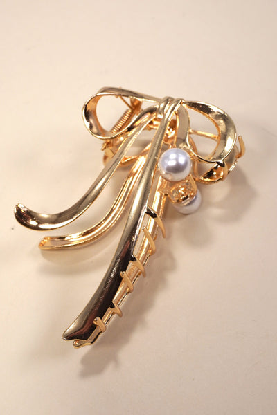 XTRA LARGE GOLD BOW PEARL HAIR CLAW CLIPS | 40H873