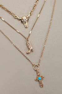 BULL HEAD BOOT CROSS CHARM LAYERED NECKLACE | 80N1262