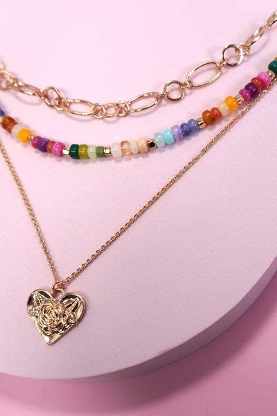 MULTI LAYERED BEADED HEART CHARM NECKLACE | 80N1243