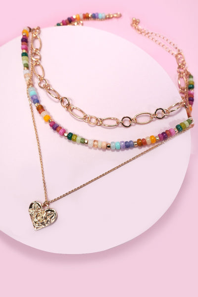 MULTI LAYERED BEADED HEART CHARM NECKLACE | 80N1243