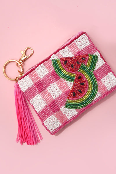 CHECKER FRUIT SEED BEAD COIN TASSEL PURSE 91CP1008