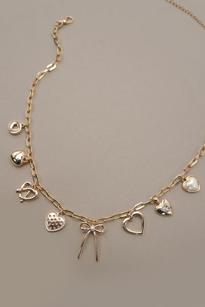 CHARM NECKLACE-BOW MULTI HEARTS PEARL CHARMS | 80N91426