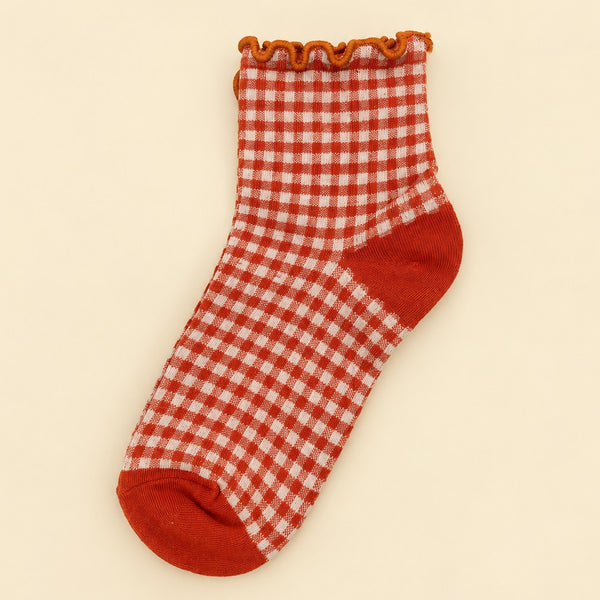 Vintage Gingham Plaid Lettuce Trim Crew Socks | 40S02098