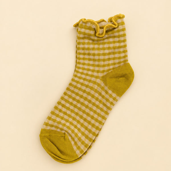 Vintage Gingham Plaid Lettuce Trim Crew Socks | 40S02098
