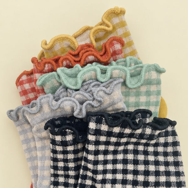 Vintage Gingham Plaid Lettuce Trim Crew Socks | 40S02098
