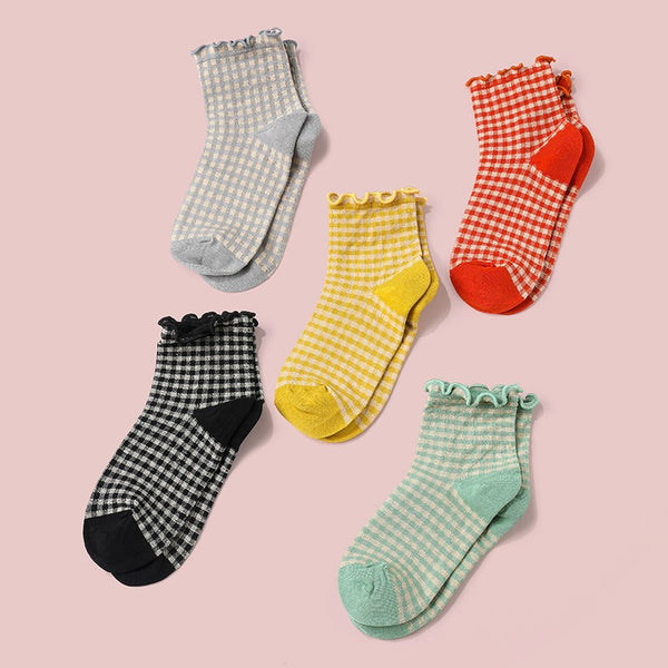 Vintage Gingham Plaid Lettuce Trim Crew Socks | 40S02098