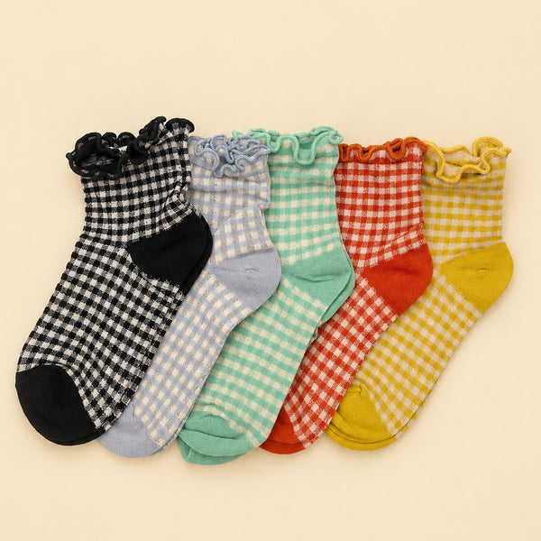 Vintage Gingham Plaid Lettuce Trim Crew Socks | 40S02098