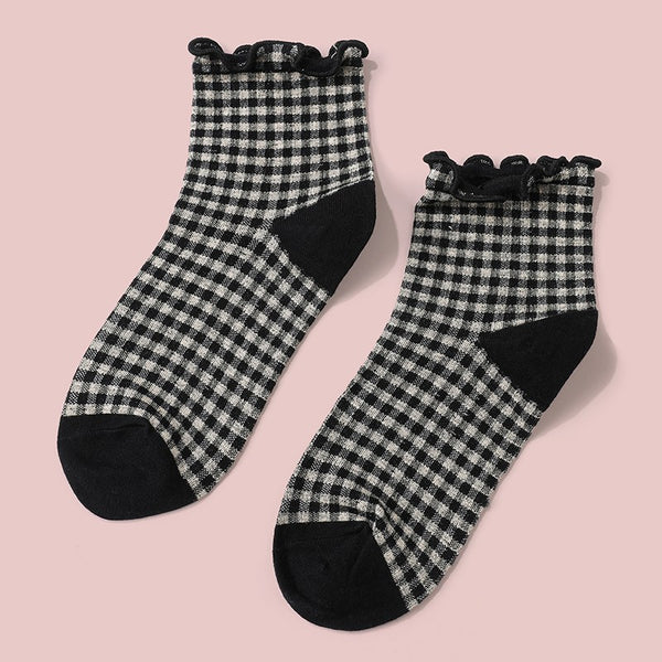 Vintage Gingham Plaid Lettuce Trim Crew Socks | 40S02098