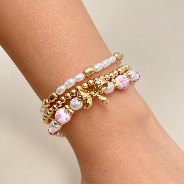 PINK CERAMIC PORCELAIN BOW MULTI LAYER BRACELET | 80B1340