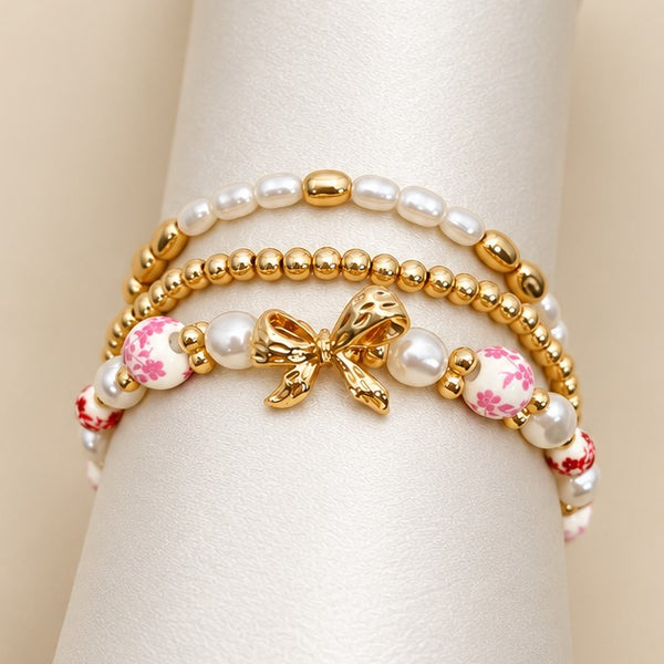 PINK CERAMIC PORCELAIN BOW MULTI LAYER BRACELET | 80B1340