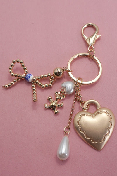 PORCELAIN BOW HEART TEDDY BEAR PEARL BAG CHARM | 80K012
