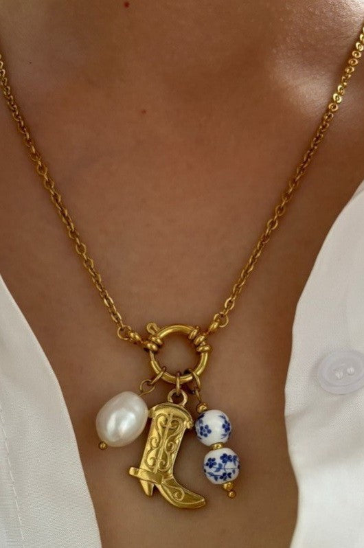 WESTERN FLORAL PORCELAIN PEARL CHARM NECKLACE | 80N91613