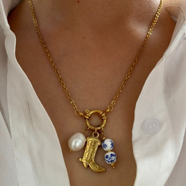 WESTERN FLORAL PORCELAIN PEARL CHARM NECKLACE | 80N91613