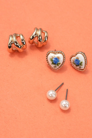 HEART FLORAL PORCELAIN STUD HOOP TRIO EARRINGS | 80E6484
