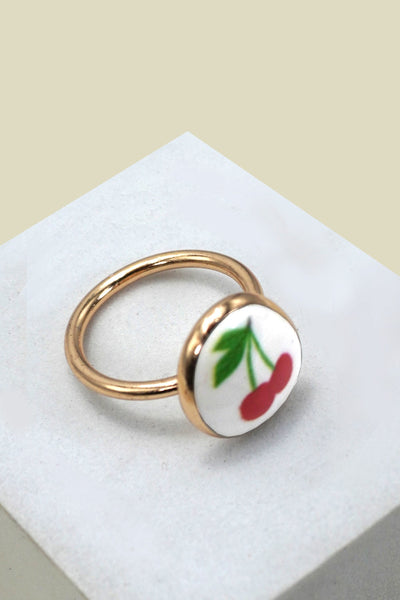 PORCELAIN GOLD EDGED CHERRY CHARM RING | 80R030