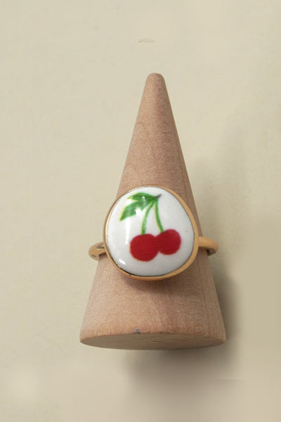 PORCELAIN GOLD EDGED CHERRY CHARM RING | 80R030