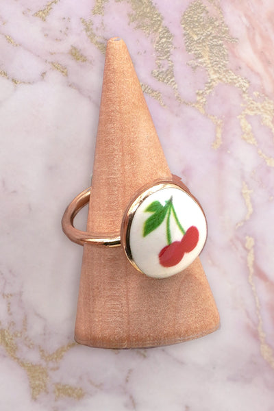 PORCELAIN GOLD EDGED CHERRY CHARM RING | 80R030