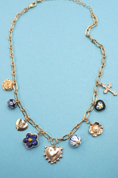 BLUE CERAMIC PORCELAIN HEART CROSS CHARM NECKLACE | 80N91624