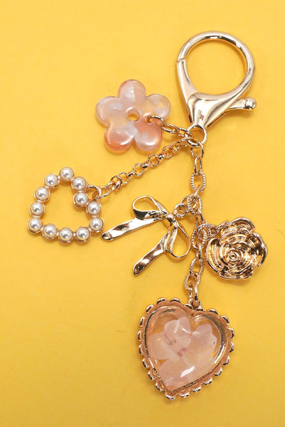 BAG CHARM- PRESSED FLOWER BOW PEARL HEART CHARMS | 80K026