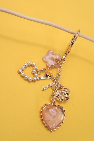 BAG CHARM- PRESSED FLOWER BOW PEARL HEART CHARMS | 80K026