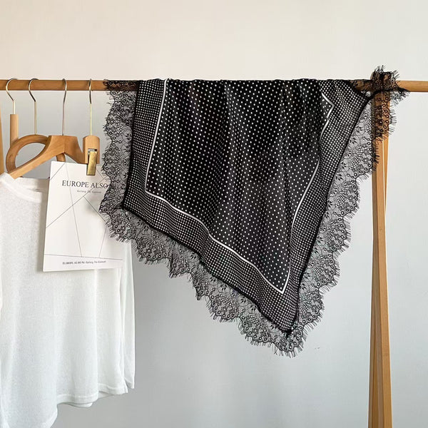 Patterned Silk-Feel Lace Trim Square Scarf | 40SC774