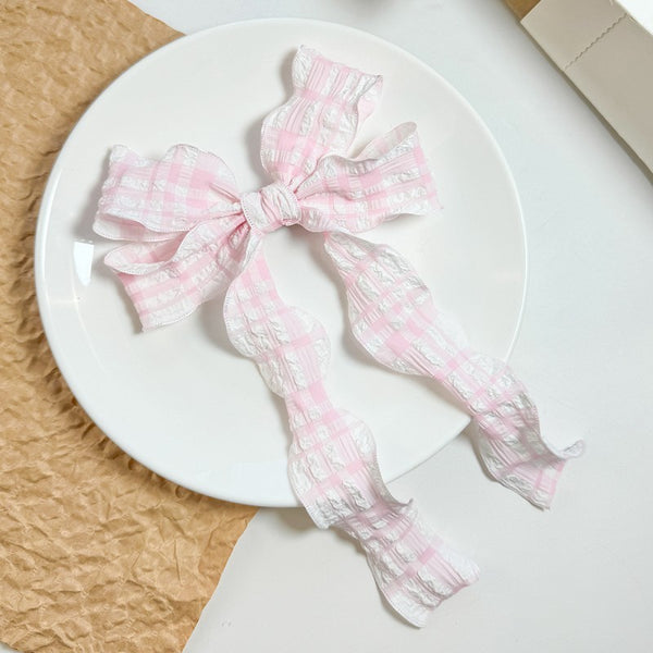 PRETTY TEXTURED CHECKER BOW RIBBON HAIR CLIPS | 40H925