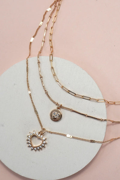 MULTI LAYER SET RHINESTONE HEART PENDANT NECKLACE | 25N933