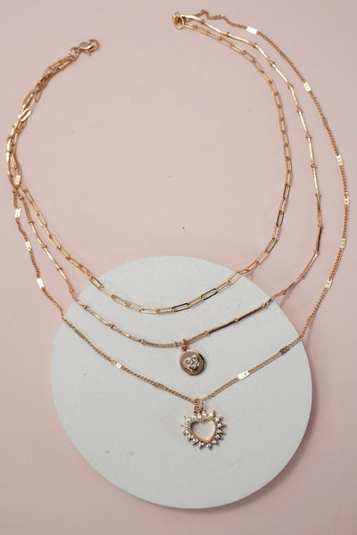 MULTI LAYER SET RHINESTONE HEART PENDANT NECKLACE | 25N933