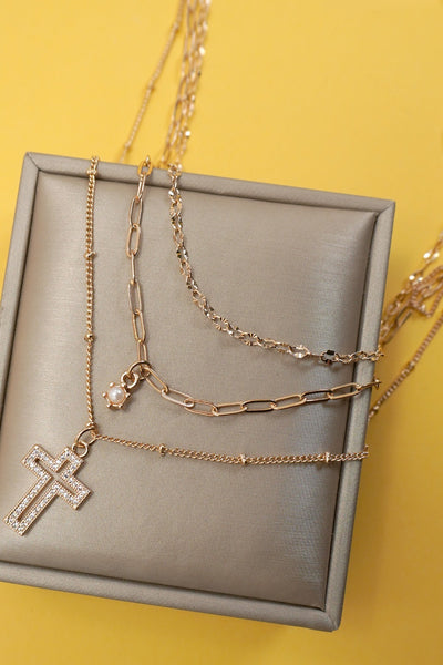MULTI LAYER SET RHINESTONE CROSS PENDANT NECKLACE | 25N974