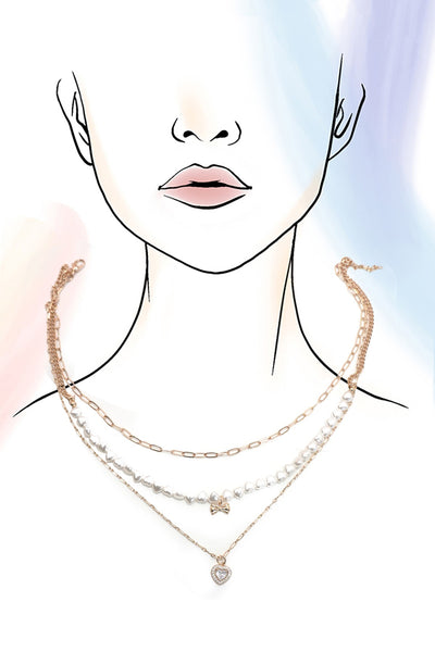 MULTI PEARL LAYER SET BOW HEART PENDANT NECKLACE | 25N942