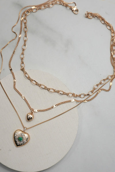 MULTI LAYER SET GEM STONE HEART PENDANT NECKLACE | 25N977