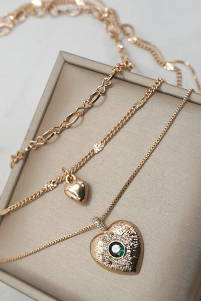 MULTI LAYER SET GEM STONE HEART PENDANT NECKLACE | 25N977