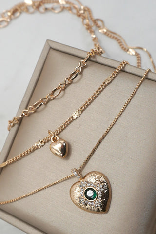 MULTI LAYER SET GEM STONE HEART PENDANT NECKLACE | 25N977