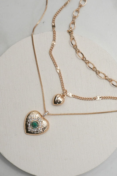 MULTI LAYER SET GEM STONE HEART PENDANT NECKLACE | 25N977
