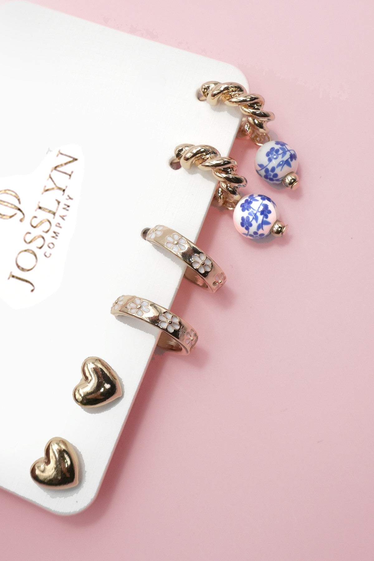 BLUE CERAMIC PORCELAIN TRIO HUGGIE HOOP EARRINGS | 80E6610